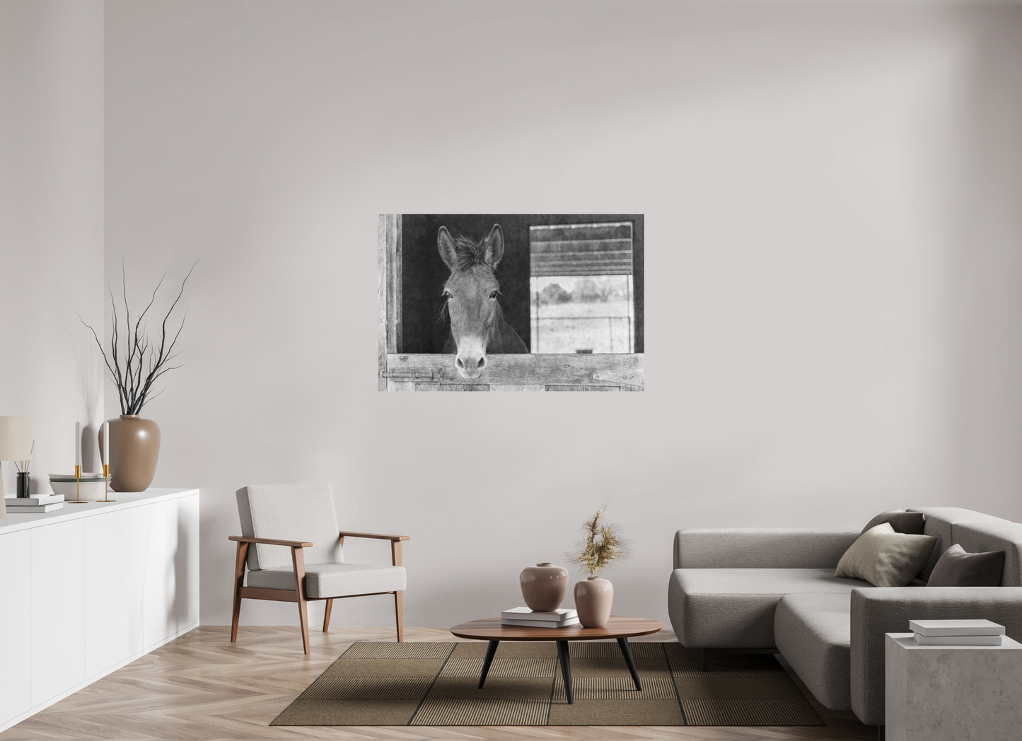 54 x 36″, Black and White Print Horsey contemplation